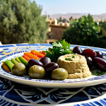 **

"A beautifully styled vegan Middle Eastern mezze platter featuring hummus, baba ghanoush, falafel, stuffed grape leaves (dolma), olives, and fresh vegetables. The setting is a sun-drenched outdoor table with traditional Arabic tilework. Professional food photography, bright and inviting, safe for work, appropriate content, fully clothed, modest setting, family-friendly, perfect anatomy (of the food!), correct proportions, high quality."

**